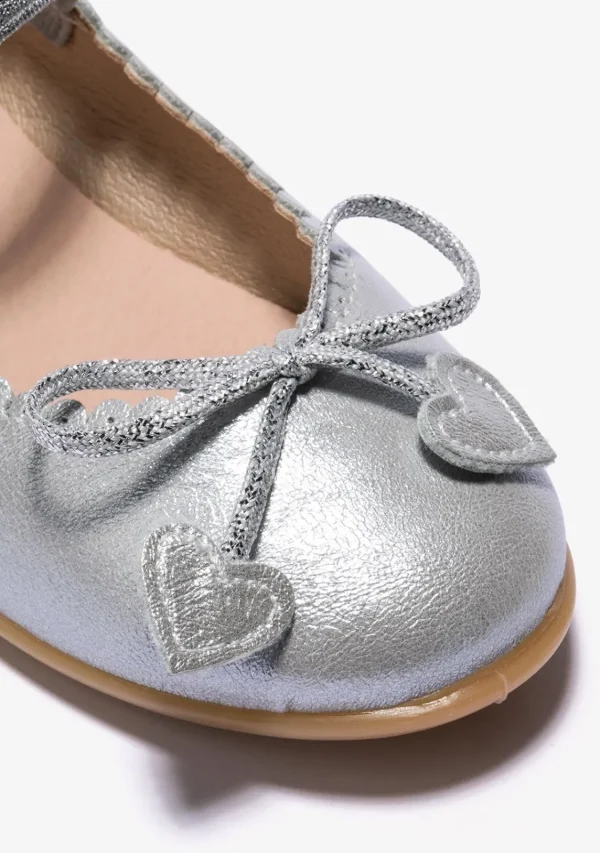 Conguitos Bailarinas De Niña Lazo Corazones Metalizado Plata^ Zapatos De Ceremonia | Bailarinas