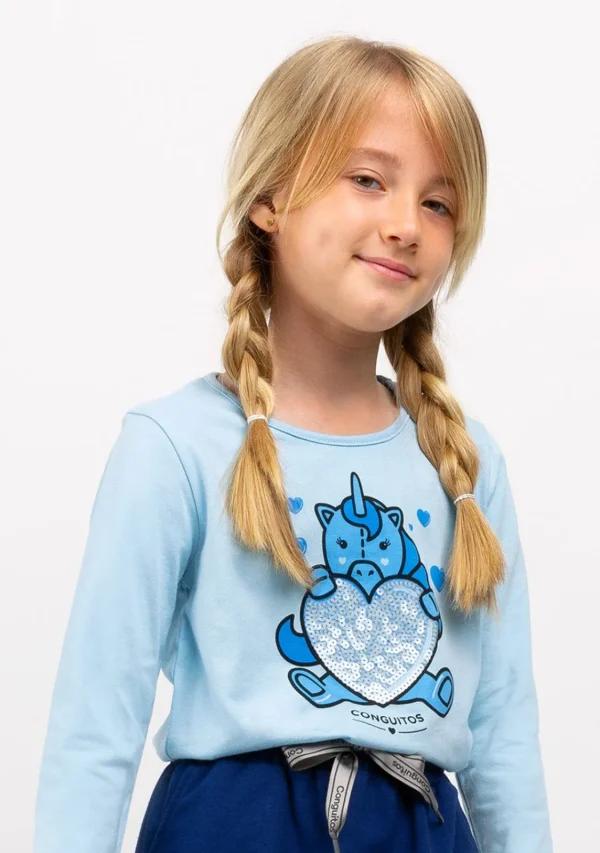 Conguitos Camiseta De Niña Celeste Con Unicornio^ Camisetas | Camisetas Manga Larga