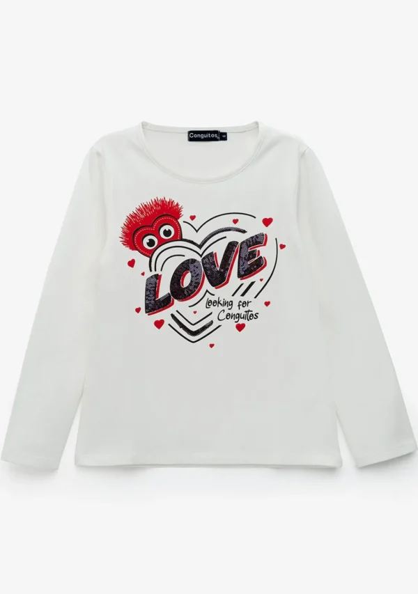 Conguitos Camiseta De Niña Corazón Lentejuelas Blanco^ Camisetas | Camisetas Manga Larga