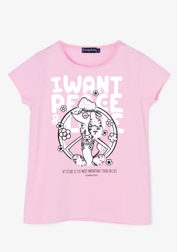 Conguitos Camiseta Niña Perrito Lentejuelas Rosa^ Camisetas