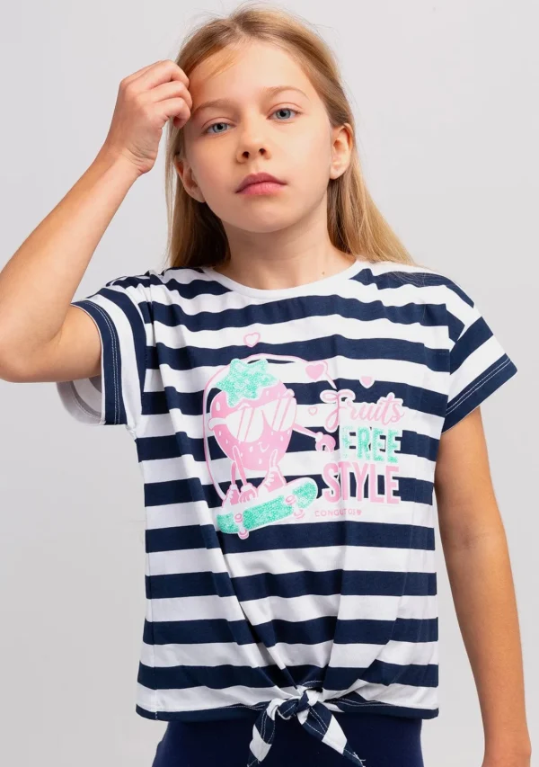 Conguitos Camiseta Niña Rayas Estampado Fresas Anudada^ Camisetas