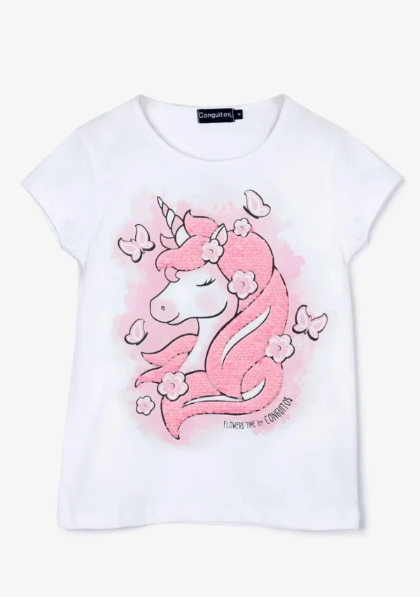 Conguitos Camiseta Niña Unicornio Lentejuelas Blanca^ Camisetas