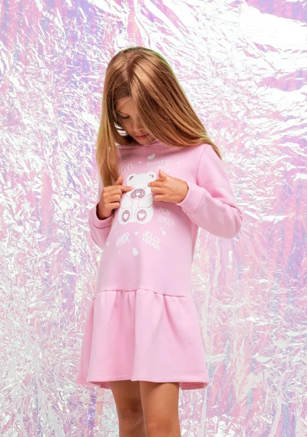 Conguitos Vestido Niña Capucha Osito Pedrería Rosa^ Vestidos Sudadera | Vestidos